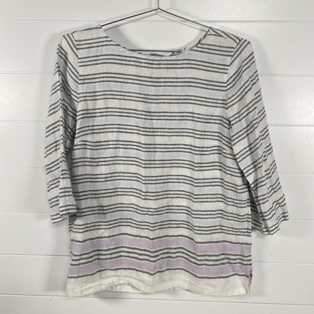 J Jill Love Linen Tunic Womens Medium Blue White Striped Button Back Top Shirt‎